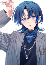 Rule 34 | 1girl, arm up, blue eyes, blue hair, blue shirt, blush, collared shirt, commentary, grey jacket, highres, hiodoshi ao, hololive, hololive dev is, jacket, jewelry, looking at viewer, mole, mole under mouth, necklace, open mouth, shirt, short hair, solo, striped clothes, striped jacket, tomotomo (awai), vertical-striped clothes, vertical-striped jacket, virtual youtuber, white background