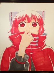 Rule 34 | 1girl, bow, capelet, covered mouth, hair bow, hand up, highres, long sleeves, marker (medium), photo (medium), poronegi, red capelet, red eyes, red hair, sekibanki, short hair, solo, touhou, traditional media