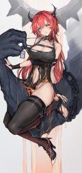 Rule 34 | 1girl, absurdres, arknights, bad id, bad pixiv id, bare shoulders, barefoot, belt, black belt, black dress, black footwear, black thighhighs, blush, breasts, bridal gauntlets, chest belt, cleavage, clothes pull, collarbone, commentary request, demon horns, detached collar, disembodied limb, dress, dress pull, eyebrows hidden by hair, full body, groin, hair between eyes, hair intakes, high heels, highres, horns, id card, iuui, large breasts, liquid, long hair, looking at viewer, navel, one shoe, purple eyes, red hair, restrained, shoes, sidelocks, single shoe, sitting, skindentation, solo, surtr (arknights), thighhighs, toes, torn clothes, torn dress, torn thighhighs, white background