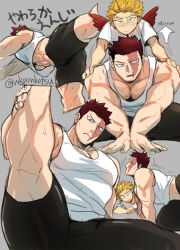 Rule 34 | 2boys, bara, beard, beard stubble, black shorts, blush, boku no hero academia, bulge, collage, endeavor (boku no hero academia), exercising, facial hair, feathered wings, feathers, from below, hawks (boku no hero academia), highres, large pectorals, leg up, male focus, mature male, midriff peek, motion lines, multiple boys, multiple views, muscular, muscular male, pectoral cleavage, pectoral squeeze, pectorals, red feathers, scar, scar across eye, short hair, shorts, spiked hair, stretching, stubble, sweat, tank top, thick thighs, thighs, v arms, very sweaty, white tank top, wings, wkponkotsu, yaoi