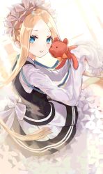 Rule 34 | 1girl, abigail williams (fate), abigail williams (festival outfit) (fate), absurdres, bad id, bad pixiv id, black skirt, blonde hair, blue eyes, blush, breasts, dress, fate/grand order, fate (series), forehead, heroic spirit festival outfit, highres, long hair, long sleeves, looking at viewer, maid headdress, nekohirune, official alternate costume, open mouth, parted bangs, sash, sidelocks, skirt, sleeves past fingers, sleeves past wrists, smile, solo, stuffed animal, stuffed toy, teddy bear, white dress