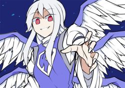 Rule 34 | 1girl, :d, angel wings, bright pupils, commentary request, dress, grin, kenuu (kenny), long hair, looking at viewer, multiple wings, open mouth, outstretched hand, red eyes, sariel (touhou), silver hair, smile, solo, touhou, touhou (pc-98), white pupils, wings