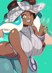 Rule 34 | ;), absurdres, alternate costume, bandana, bent over, between breasts, breasts, cephalopod eyes, chain necklace, crop top, dark-skinned female, dark skin, green eyes, green hair, green lips, green pants, highres, huge breasts, jewelry, lipstick, long hair, looking at viewer, makeup, marina (splatoon), midriff, mole, mole under mouth, navel piercing, necklace, nintendo, nisego, octoling, one eye closed, pants, pendant, piercing, pink pupils, ribbed sweater, sketch, sleeveless, sleeveless turtleneck, smile, solo, splatoon (series), splatoon 2, splatoon 2: octo expansion, suction cups, sweater, tentacle hair, turtleneck, v