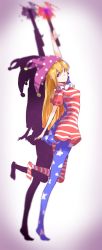 Rule 34 | 1girl, aged up, american flag dress, american flag legwear, arm up, asymmetrical legwear, blonde hair, blurry, breasts, clownpiece, congming lan, flag print, frilled shirt collar, frills, full body, hand up, hat, head tilt, highres, jester cap, leg up, legacy of lunatic kingdom, light, long hair, looking at viewer, looking to the side, mismatched legwear, neck ruff, no shoes, no wings, outstretched arm, pantyhose, polka dot, print pantyhose, print shirt, purple eyes, purple hat, shadow, shirt, simple background, small breasts, solo, standing, standing on one leg, star (symbol), star print, striped clothes, striped pantyhose, striped shirt, torch, touhou, united states, very long hair