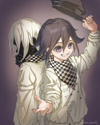 Rule 34 | 2boys, absurdres, arm up, artist name, back-to-back, black headwear, black skin, buttons, checkered clothes, checkered scarf, colored skin, danganronpa (series), danganronpa v3: killing harmony, double-breasted, gradient background, grey jacket, grin, hair between eyes, hat, highres, holding, holding clothes, holding hat, jacket, long sleeves, multiple boys, narudo, oma kokichi, pants, pink eyes, purple hair, scarf, smile, teeth, torn clothes, torn jacket, white hair, white pants