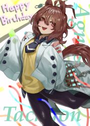 Rule 34 | 1girl, :d, absurdres, agnes tachyon (umamusume), ahoge, animal ears, black necktie, black pantyhose, black shirt, brown hair, character name, chemical structure, cork, earrings, flask, hair between eyes, happy birthday, highres, horse ears, horse girl, horse tail, jewelry, lab coat, necktie, open mouth, pantyhose, red eyes, shirt, short hair, short necktie, single earring, sleeves past fingers, sleeves past wrists, smile, solo, sweater vest, tail, tonariuta, umamusume, yellow sweater vest