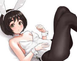 Rule 34 | 1girl, alternate costume, animal ears, black hair, black pantyhose, brown eyes, choker, collarbone, fake animal ears, flat chest, highres, kantai collection, kibitarou, leotard, looking at viewer, lying, maru-yu (kancolle), oversized breast cup, pantyhose, parted bangs, playboy bunny, rabbit ears, short hair, sitting, solo, strapless, strapless leotard, thick eyebrows, white background, white choker, white leotard, wrist cuffs