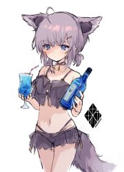 Rule 34 | 1girl, ahoge, animal ears, arknights, bare shoulders, bendy straw, bikini, black bikini, blue eyes, bottle, closed mouth, commentary request, cup, drinking glass, drinking straw, extra ears, fox ears, fox girl, fox tail, grey hair, hair ornament, hairclip, headphones for animal ears, highres, holding, holding bottle, holding cup, low twintails, nanatsuka, navel, see-through, simple background, solo, sussurro (arknights), sussurro (summer flower) (arknights), swimsuit, tail, twintails, white background, x hair ornament