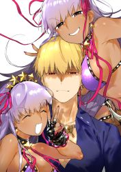 Rule 34 | 1boy, 2girls, bad id, bad pixiv id, bare shoulders, bb (fate), bb (fate) (all), bb (swimsuit mooncancer) (fate), bb (swimsuit mooncancer) (second ascension) (fate), bead bracelet, beads, bikini, black gloves, blonde hair, blue shirt, bracelet, breasts, choker, cleavage, closed eyes, closed mouth, collarbone, collared shirt, dark-skinned female, dark skin, dress shirt, dual persona, earrings, fate/grand order, fate (series), fingerless gloves, gilgamesh, gilgamesh (caster) (fate), gilgamesh (fate), gloves, hair ornament, hair ribbon, hairband, hand gesture, highres, jewelry, large breasts, long hair, looking at viewer, multiple girls, nail polish, neck ribbon, necklace, official alternate costume, open mouth, purple bikini, purple eyes, purple hair, purple ribbon, red eyes, ribbon, shaded face, shirt, short hair, simple background, smile, star (symbol), star earrings, star hair ornament, swimsuit, tan, v, very long hair, white background, yatsuhashi go