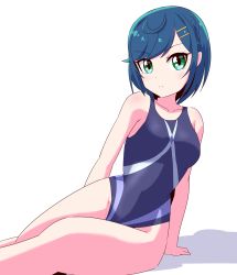 Rule 34 | 1girl, ahoge, blue hair, blue one-piece swimsuit, competition swimsuit, delicious party precure, fumiki rikiya, fuwa kokone, green eyes, grey one-piece swimsuit, hair ornament, hairclip, highres, looking at viewer, multicolored clothes, multicolored swimsuit, one-piece swimsuit, precure, short hair, simple background, sitting, solo, swimsuit, white background, yokozuwari