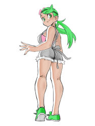 Rule 34 | 1girl, absurdres, bare arms, bare legs, creatures (company), dark-skinned female, dark skin, flower, from behind, game freak, green eyes, green footwear, grey overalls, headband, highres, long hair, looking back, mallow (pokemon), nintendo, overalls, pink flower, pink shirt, pokemon, pokemon sm, shirt, shoes, simple background, smile, solo, strapless, toshinoshin, twintails, white background