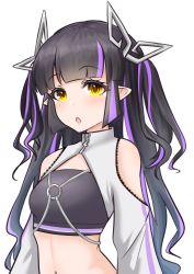Rule 34 | 1girl, :o, black hair, black tube top, blunt bangs, blush, breasts, clothing cutout, commentary request, demon girl, demon horns, highres, horns, jacket, kojo anna, kojo anna (2nd costume), lace trim, long hair, long sleeves, looking at viewer, medium breasts, midriff, multicolored hair, nanashi inc., navel, official alternate costume, open mouth, pointy ears, purple hair, robou no stone, shoulder cutout, shrug (clothing), simple background, solo, strapless, sugar lyric, tube top, two-tone hair, upper body, virtual youtuber, white background, white jacket, yellow eyes