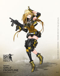 Rule 34 | 1girl, arm up, armpits, belt, black skirt, blonde hair, blush, boots, breasts, character name, cropped vest, elbow gloves, elbow pads, fishnets, full body, girls&#039; frontline, gloves, gun, hair between eyes, highres, holding, holding gun, holding weapon, hood, hood down, hooded vest, hoodie, infukun, knee pads, logo, long hair, looking at viewer, machine pistol, magazine (weapon), medium breasts, minebea pm-9, miniskirt, pm-9 (girls&#039; frontline), single elbow glove, single elbow pad, single thighhigh, skirt, solo, strapless, submachine gun, thigh strap, thighhighs, trigger discipline, tube top, vest, w, watermark, weapon, yellow eyes, yellow footwear
