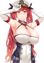 Rule 34 | 1girl, armpits, arms up, azur lane, bare shoulders, between breasts, blunt bangs, blush, breasts, buttons, chain, cleavage, dress, elbow gloves, gloves, hair ribbon, hat, honolulu (azur lane), huge breasts, long hair, looking at viewer, peaked cap, red eyes, red hair, ribbon, sama samasa, simple background, solo, twintails, wavy hair, white background, white gloves, white hat