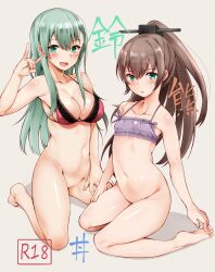 Rule 34 | 2girls, aqua eyes, aqua hair, black headwear, blue eyes, bottomless, bra, breasts, brown hair, cleavage, commentary request, grey background, kantai collection, kumano (kancolle), large breasts, long hair, looking at viewer, multiple girls, navel, open mouth, ponytail, purple bra, sawamura aoi, simple background, sitting, small breasts, smile, soles, suzuya (kancolle), toes, underwear