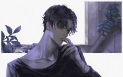 Rule 34 | 1boy, 1thousand9, bishounen, black hair, black shirt, blood, blood on hands, blue eyes, cigarette, collarbone, earrings, highres, holding, holding cigarette, jewelry, long sleeves, male focus, mole, mole on cheek, mole on neck, original, parted bangs, plant, shirt, short hair, smoking, solo, stud earrings, upper body, white background