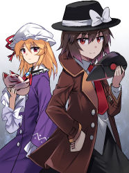 Rule 34 | 2girls, black hat, black skirt, blonde hair, bow, brooch, brown coat, brown hair, coat, commentary request, cowboy shot, dress, e.o., fedora, frilled shirt collar, frilled sleeves, frills, gradient background, grey background, hair between eyes, hand on own hip, hat, hat bow, hat ribbon, highres, holding, holding mask, jewelry, long hair, looking at viewer, maribel hearn, mask, mob cap, multiple girls, neck ribbon, necktie, purple dress, red eyes, red ribbon, ribbon, shirt, short hair, skirt, sleeves past fingers, sleeves past wrists, smile, standing, touhou, usami renko, white background, white bow, white hat, white shirt, wide sleeves, wing collar