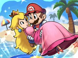 Rule 34 | 1boy, 1girl, black hair, blonde hair, blue eyes, brown hair, carrying, carrying person, crown, dress, earrings, facial hair, gloves, hat, highres, jewelry, long hair, looking at another, mario, mario &amp; luigi: dream team, mario &amp; luigi rpg, mario (series), mustache, nintendo, official style, open mouth, overalls, princess carry, princess peach, red headwear, shirt, sphere earrings, white gloves, ya mari 6363