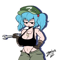 Rule 34 | 1girl, blue hair, blush, breasts, crop top, female focus, gloves, huge breasts, kawashiro nitori, large breasts, navel, solo, sweat, thong, touhou, twintails, wrench, zedrin