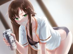 Rule 34 | 1girl, absurdres, asahi breweries, baseball uniform, beer can, black bra, black panties, blurry, blurry background, bra, breasts, brown hair, can, cleavage, collarbone, depth of field, drink can, feet out of frame, green eyes, grin, hair ornament, hairpin, hear (kpmf4732), highres, himekawa yuki, holding, holding can, idolmaster, idolmaster cinderella girls, idolmaster cinderella girls starlight stage, leaning forward, looking at viewer, medium breasts, no pants, open clothes, open shirt, panties, smile, smug, solo, sportswear, straight hair, underwear