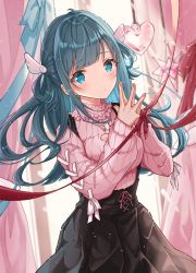 Rule 34 | 1girl, amano nene (vtuber), black skirt, blue eyes, blue hair, breasts, closed mouth, commentary request, commission, curtains, hair rings, hands up, heart, highres, long hair, long sleeves, looking at viewer, medium breasts, minausa, nail polish, pink nails, pink sweater, pleated skirt, production kawaii, puffy long sleeves, puffy sleeves, ribbed sweater, skirt, sleeves past wrists, solo, steepled fingers, suspender skirt, suspenders, sweater, very long hair, virtual youtuber, window, wing hair ornament