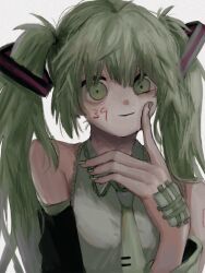 Rule 34 | 1girl, bags under eyes, bandaid, bandaid on hand, bare shoulders, black sleeves, collared shirt, detached sleeves, dot nose, facing viewer, finger to cheek, finger to own chin, fingernails, frilled shirt, frilled shirt collar, frills, gauze, green eyes, green hair, green nails, green necktie, hair between eyes, hair ornament, hand up, hatsune miku, highres, light smile, long hair, looking at viewer, messy hair, miku day, muted color, nail polish, necktie, nemui (nr4jk), number tattoo, open mouth, shirt, shoulder tattoo, simple background, sleeveless, sleeveless shirt, smile, solo, tattoo, tie clip, twintails, upper body, vocaloid, white background