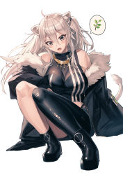 Rule 34 | 1girl, absurdres, ahoge, animal ears, bare shoulders, black footwear, black pantyhose, blush, boots, breasts, cleavage, earrings, fang, full body, fur-trimmed jacket, fur trim, grey eyes, grey hair, hair between eyes, highres, hololive, jacket, jewelry, large breasts, lion ears, lion girl, lips, long hair, looking at viewer, mazel (mazel star), necklace, open mouth, pantyhose, see-through, see-through cleavage, shishiro botan, shishiro botan (1st costume), simple background, single leg pantyhose, sitting, solo, virtual youtuber, white background