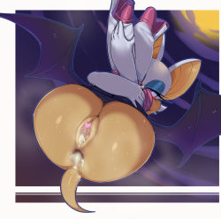 Rule 34 | 1girl, aftersex, animal ears, anus, arms up, ass, ass focus, bat (animal), bat ears, bat girl, bat wings, black bodysuit, blue eyeshadow, blue outline, blush, body fur, bodysuit, bodysuit pull, boots, border, censored, cleft of venus, cloud, cum, cum in ass, cum in pussy, cumdrip, eyeshadow, female focus, floating, full body, furry, furry female, gaping, half-closed eyes, heart, heart censor, high heel boots, high heels, knee boots, legs together, legs up, looking up, makeup, moon, night, outdoors, outline, outside border, pochincoff, purple sky, purple wings, pussy, red eyes, rolling eyes, rouge the bat, sega, shiny skin, short hair, sky, solo, sonic (series), sweat, tail, tears, thick thighs, thighs, white background, white border, white footwear, white hair, wings