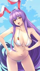 Rule 34 | 1girl, :d, animal ears, bikini, blue sky, blush, breasts, carrot pin, clothes pull, cloud, cloudy sky, collarbone, commentary request, cowboy shot, day, hand on own hip, highres, leaning forward, lips, long hair, medium breasts, navel, open mouth, outdoors, purple hair, rabbit ears, rabbit girl, raised eyebrow, red eyes, reisen udongein inaba, seductive smile, sidelocks, sky, smile, solo, swimsuit, tarmo, touhou, very long hair, white bikini