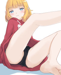 Rule 34 | 1girl, :3, arm support, bare legs, barefoot, black panties, blonde hair, blue eyes, blush stickers, cameltoe, feet, female focus, kuroshiro00, original, panties, partially visible vulva, pointy ears, short hair, simple background, solo, thighs, underwear, white background