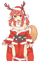 Rule 34 | 10s, 1girl, adapted costume, antlers, bare shoulders, blush stickers, breasts, cleavage, detached sleeves, dress, fate/extra, fate (series), fox tail, hat, highres, horns, kneehighs, non-web source, pink hair, popl, santa costume, santa hat, sash, smile, socks, solo, strapless, strapless dress, tail, tamamo (fate), tamamo no mae (fate/extra), yellow eyes