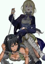 Rule 34 | 10s, 2girls, all fours, alternate costume, andou (girls und panzer), animal collar, animal ears, bdsm, black hair, black shirt, blonde hair, blue eyes, blue jacket, blue neckwear, blue pants, boots, breasts, brown eyes, chain, cleavage, clenched hands, collar, commentary, crossed legs, cutoffs, dark-skinned female, dark skin, femdom, frown, fur scarf, girls und panzer, green jacket, green shorts, grey footwear, grey scarf, grimace, halloween costume, hand on lap, high collar, highres, holding, holding chain, itou (golem inc), jacket, knee boots, leash, long sleeves, looking at another, looking back, medium breasts, medium hair, messy hair, multiple girls, neck ribbon, open mouth, oshida (girls und panzer), pants, pantyhose, ribbon, same-sex bathing, scarf, shared bathing, sharp teeth, shirt, shorts, simple background, single vertical stripe, sitting, sitting on person, slave, sleeveless, sleeveless jacket, smirk, sweatdrop, symbol-only commentary, tail, teeth, torn clothes, torn legwear, torn sleeves, v-shaped eyebrows, white background, wolf ears, wolf tail, yuri