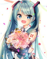 Rule 34 | 1girl, :d, bare shoulders, black skirt, black sleeves, blue eyes, blush, bouquet, collared shirt, commentary request, confetti, detached sleeves, flower, green hair, hair ornament, hatsune miku, highres, long hair, long sleeves, looking at viewer, mamel 27, hugging object, open mouth, pink flower, pink rose, pleated skirt, rose, see-through, shirt, skirt, sleeveless, sleeveless shirt, sleeves past wrists, smile, solo, twintails, upper body, very long hair, vocaloid, white flower, white rose, white shirt, wide sleeves