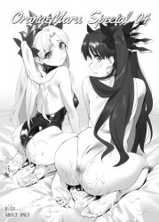 Rule 34 | 2girls, ass, bare back, bare shoulders, barefoot, black hair, black leotard, blonde hair, blush, commentary request, cover, cum, cum on ass, cum on body, cum on feet, cum on lower body, earrings, ereshkigal (fate), fate/grand order, fate (series), feet, greyscale, hair ornament, hair ribbon, hip focus, hoop earrings, ishtar (fate), jewelry, leotard, looking at viewer, looking back, monochrome, multiple girls, ribbon, siblings, sisters, sitting, soles, tears, tiara, toes, tohsaka rin, twintails, wide hips, yd (orange maru)
