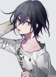 1boy black_hair buttons collarbone commentary_request danganronpa_(series) danganronpa_v3:_killing_harmony double-breasted grey_background hair_between_eyes hand_up highres huyuharu0214 jacket long_sleeves looking_at_viewer looking_to_the_side male_focus multicolored_hair no_nose oma_kokichi open_mouth purple_eyes purple_hair shirt simple_background sleeves_past_wrists solo straitjacket sweat torn_clothes torn_jacket two-tone_hair upper_body wet wet_hair