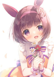 Rule 34 | 1girl, :d, animal ears, blush, bow, brown dress, brown hair, commentary request, dress, flower, hair ornament, hairband, holding, holding flower, horse ears, looking at viewer, nishino flower (umamusume), open mouth, own hands together, petals, pink hairband, purple bow, purple eyes, simple background, sleeveless, sleeveless dress, smile, solo, striped, striped bow, umamusume, white background, white flower, wrist cuffs, x hair ornament, yukie (peach candy)