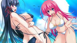 Rule 34 | 2girls, ahoge, ass, back, bare arms, bare legs, bare shoulders, bikini, bird, black bikini, black hair, blue eyes, blush, breasts, cleavage, game cg, kannei kouha, large breasts, legs, long hair, looking at viewer, multiple girls, open mouth, original, outdoors, outstretched arms, pink eyes, pink hair, rikuson hakugen (sangoku hime), sangoku hime, sangoku hime 2, sideboob, sky, standing, sunlight, swimsuit, thighs, thong, unicorn-a, white bikini