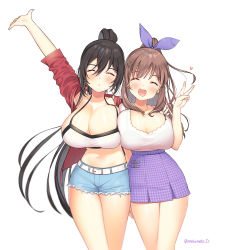 Rule 34 | 2girls, :d, :o, ^ ^, arm up, bad id, bad pixiv id, belt, belt buckle, black hair, blouse, blue shorts, blush, breasts, brown hair, buckle, cleavage, closed eyes, collarbone, cowboy shot, crop top, cutoffs, earrings, hair between eyes, hair ribbon, hand on another&#039;s shoulder, heart, high-waist skirt, high ponytail, highres, idolmaster, idolmaster shiny colors, jewelry, large breasts, legs together, melo (meromero), miniskirt, multiple girls, navel, necklace, open mouth, plaid, plaid skirt, purple ribbon, ribbon, shirase sakuya, shirt, shorts, side-by-side, simple background, skirt, sleeves past elbows, smile, tank top, teeth, tsukioka kogane, twitter username, v, white background, white belt, white shirt