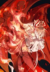 Rule 34 | 1girl, black background, blunt bangs, bow, fire, floating hair, from side, frown, fujiwara no mokou, hair bow, hands on own head, highres, kaigen 1025, long bangs, long hair, long sleeves, ofuda, ofuda on clothes, pants, parted lips, phoenix wings, puffy long sleeves, puffy pants, puffy sleeves, pyrokinesis, red eyes, red pants, red trim, red wings, shirt, sidelocks, solo, straight hair, suspenders, touhou, very long hair, white bow, white hair, white shirt, wings