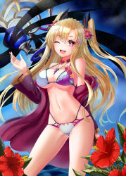 Rule 34 | 1girl, bikini, blonde hair, breasts, cape, cleavage, fang, flower, hair flower, hair ornament, hibiscus, highres, large breasts, long hair, looking at viewer, mizuya nao, multi-strapped bikini bottom, navel, one eye closed, open mouth, original, red eyes, smile, solo, swimsuit, twintails, two side up