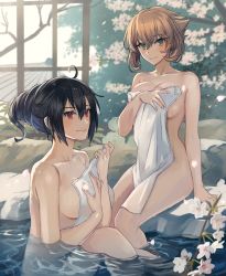 Rule 34 | 2girls, black hair, branch, breasts, brown hair, collarbone, commentary, covering privates, green eyes, hair between eyes, hair up, highres, kantai collection, kasumi (skchkko), large breasts, looking at viewer, multiple girls, mutsu (kancolle), nagato (kancolle), nude, nude cover, onsen, outdoors, partially submerged, red eyes, short hair, sitting, smile, towel