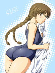 Rule 34 | 1girl, ass, braid, brown hair, clala, from behind, glasses, jon shicchiou, long hair, looking at viewer, looking back, one-piece swimsuit, quiz magic academy, school swimsuit, solo, swimsuit, twin braids, wet
