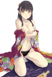 Rule 34 | 1girl, black hair, black panties, blunt bangs, blush, breasts, cleavage, collarbone, crossed arms, floral print, flower, frilled panties, frills, hagoita, hair flower, hair ornament, hands up, hanetsuki, highres, hiwatari rin, japanese clothes, kimono, kneeling, lace, lace-trimmed panties, lace trim, lingerie, long hair, looking at viewer, medium breasts, navel, no bra, off shoulder, open clothes, open kimono, original, paddle, panties, pulling own clothes, red kimono, sidelocks, simple background, solo, tabi, tearing up, underwear, undressing, white background, yellow eyes