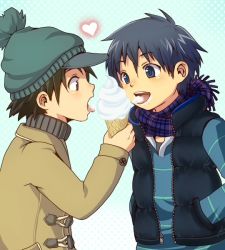 Rule 34 | 2boys, blush, brown eyes, child, food, hat, heart, ice cream, licking, male focus, multiple boys, oginy, short hair, simple background, tagme, yaoi