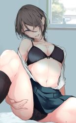 Rule 34 | 1girl, akiyama cz4a, arm support, black bra, black legwear, black panties, bra, breasts, brown hair, earrings, green skirt, hair over one eye, highres, jewelry, leg lift, looking at viewer, meme attire, mole, mole on breast, mole on thigh, mole under mouth, navel, official art, open-chest sweater, original, panties, parted lips, purple eyes, shirt, short hair, skirt, small breasts, solo, sweat, sweater, thighs, underwear, white shirt, window
