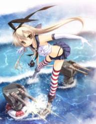 Rule 34 | 10s, 1girl, anchor, anchor hair ornament, blonde hair, brown eyes, butt crack, crop top, crop top overhang, elbow gloves, gloves, hair ornament, hairband, kantai collection, lifebuoy, long hair, microskirt, midriff, personification, rensouhou-chan, shimakaze (kancolle), shiragi, skirt, striped clothes, striped thighhighs, swim ring, thighhighs, water, white gloves