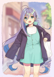 Rule 34 | 1girl, ahoge, alternate costume, black coat, blue hair, coat, colored inner hair, dress, feet out of frame, green dress, green eyes, grey hair, kantai collection, kiyoshimo (kancolle), long hair, long sleeves, looking at viewer, low twintails, mitsuyo (mituyo324), multicolored hair, open clothes, open coat, open mouth, solo, twintails