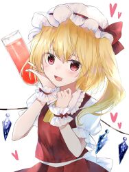 Rule 34 | 1girl, :d, blonde hair, commentary request, crystal, drink, fang, flandre scarlet, hair between eyes, hand on own face, hands up, happy, hat, heart, highres, light blush, long hair, looking at viewer, medium hair, mob cap, one side up, open mouth, red eyes, red skirt, red vest, simple background, skirt, skirt set, smile, solo, touhou, vest, white background, wings, wrist cuffs, yurara (aroma42enola)