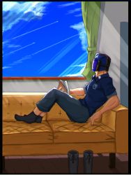 Rule 34 | 1boy, air raider (edf), black border, book, boots, unworn boots, border, contrail, couch, earth defence force 5, earth defense force, helmet, highres, indoors, male focus, muscular, muscular male, polo shirt, reclining, sirobasira, sky, socks, solo, window