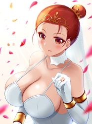 Rule 34 | 1girl, absurdres, blush, breasts, cleavage, dragon quest, dragon quest viii, dress, highres, jessica albert, jewelry, large breasts, orange eyes, orange hair, ornate ring, ring, shiny skin, simple background, solo, wedding dress, wedding ring, yuki mizore
